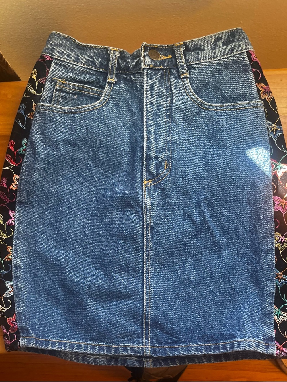 Guess by Marciano Blue Denim Mini Skirt with Embroidered Velvet Panels